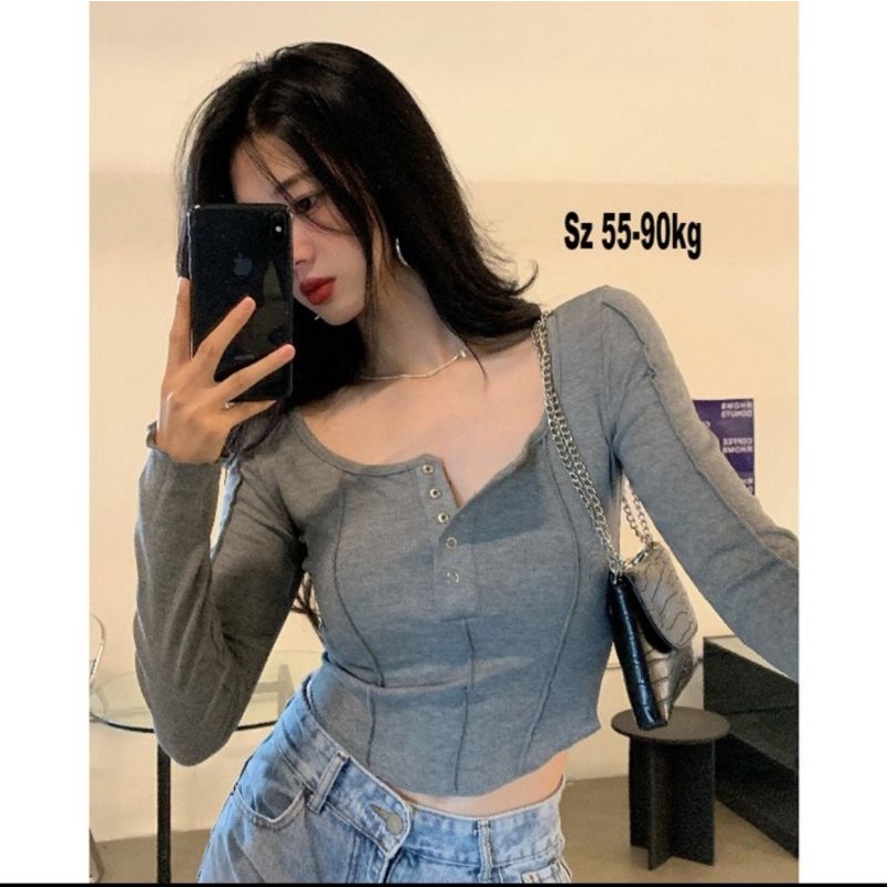 Áo Croptop Tay Dài Bigsize 58-85kg, Áo Thun Croptop Vạc Bầu Big Size Kiểu Dáng Hàn Quốc - Smile Bigsize