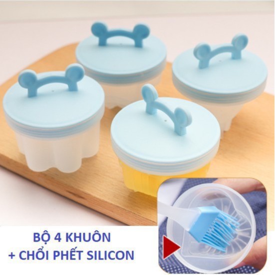 Khuôn hấp trứng, làm bánh cho bé (bộ 4 khuôn nhựa kèm chổi silicon quét dầu) các màu trắng, xanh, hồng