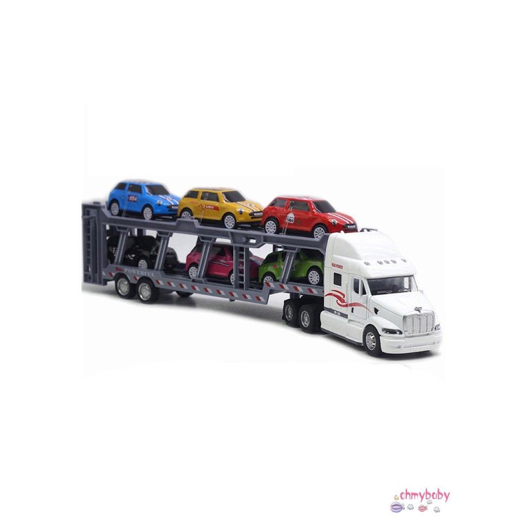 【OMB】 Car Carrier Model Big Rig Truck Hauler Trailer With 6 Race Cars Carrier Toy