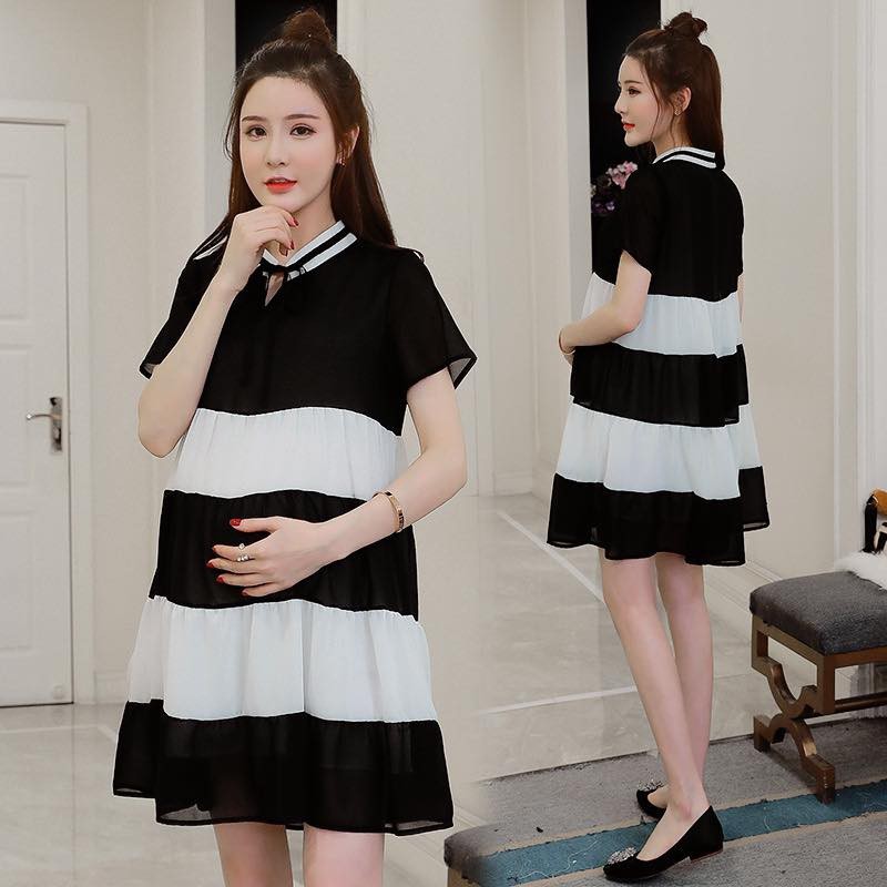 Váy bầu dáng suông VOAN LỤA  BABY DOLL phối đen trắng VTK22