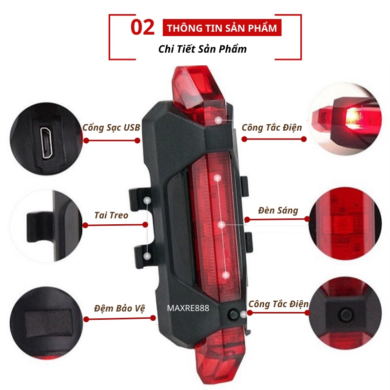 Đèn báo hiệu gắn hậu xe đạp 5 bóng LED có cổng sạc USB nhiều chế độ sáng