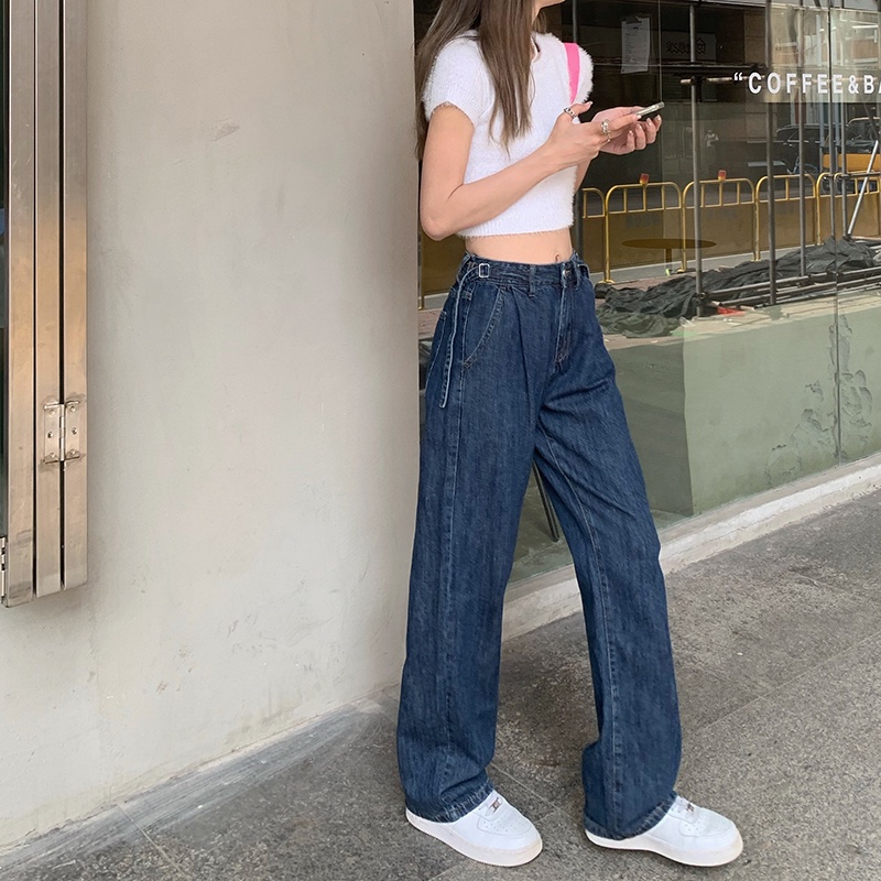 SUXI Quần jean ống rộng lưng cao phong cách Hàn Quốc thời trang mùa hè dành cho nữ