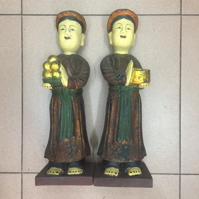 Tượng gỗ đôi cô , đôi cậu sơn mài giả cổ. (Cao 37cm, 42cm)
