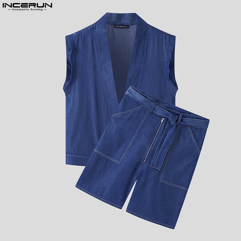 Set trang phục INCERUN áo sát nách và quần đùi denim thời trang dành cho nam