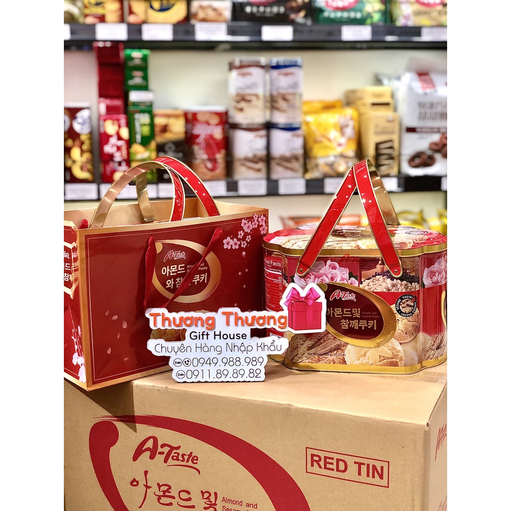 BÁNH HẠNH NHÂN HÀN QUỐC A-TASE HỘP THIẾC QUAI XÁCH- ALMOND AND SESAME PASTRY