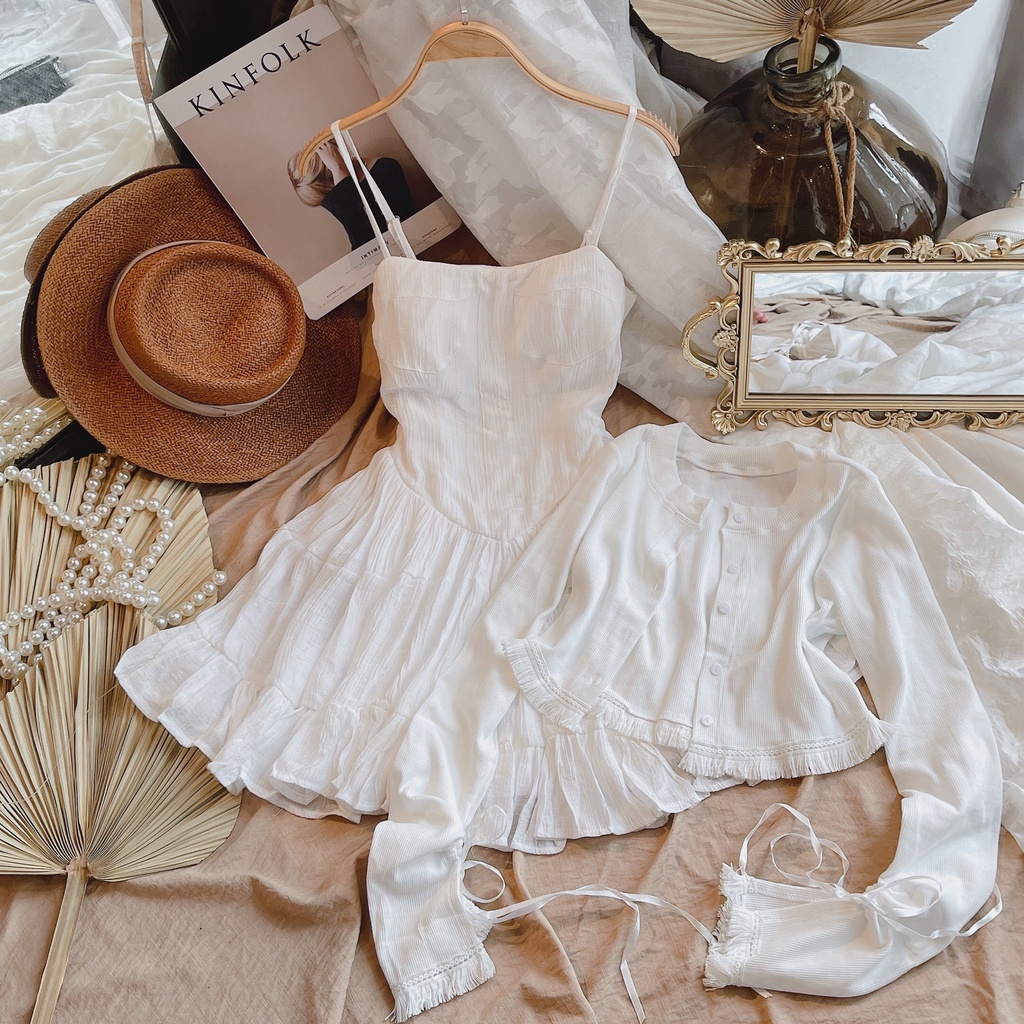 Set đầm 2 dây trắng chân bèo+khoác croptop 🖤 KÈM VIDEO TỰ QUAY 🖤