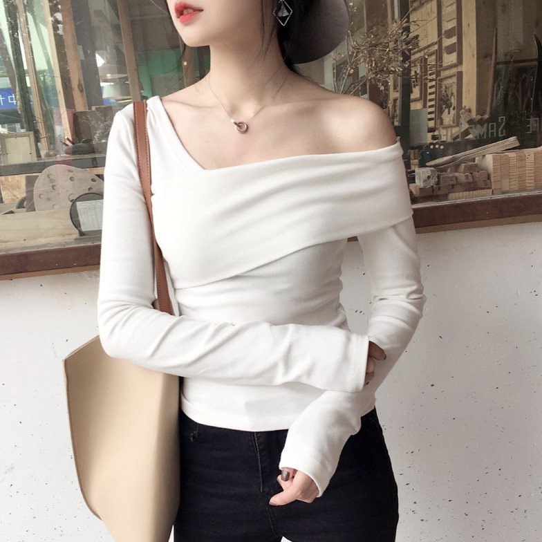 Áo Thun Tay Dài Hở Vai Màu Đen Phong Cách Hàn Quốc Gợi Cảm Cho Nữ