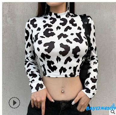 Áo croptop tay dài cổ cao họa tiết da bò thời trang hè gợi cảm cho nữ
