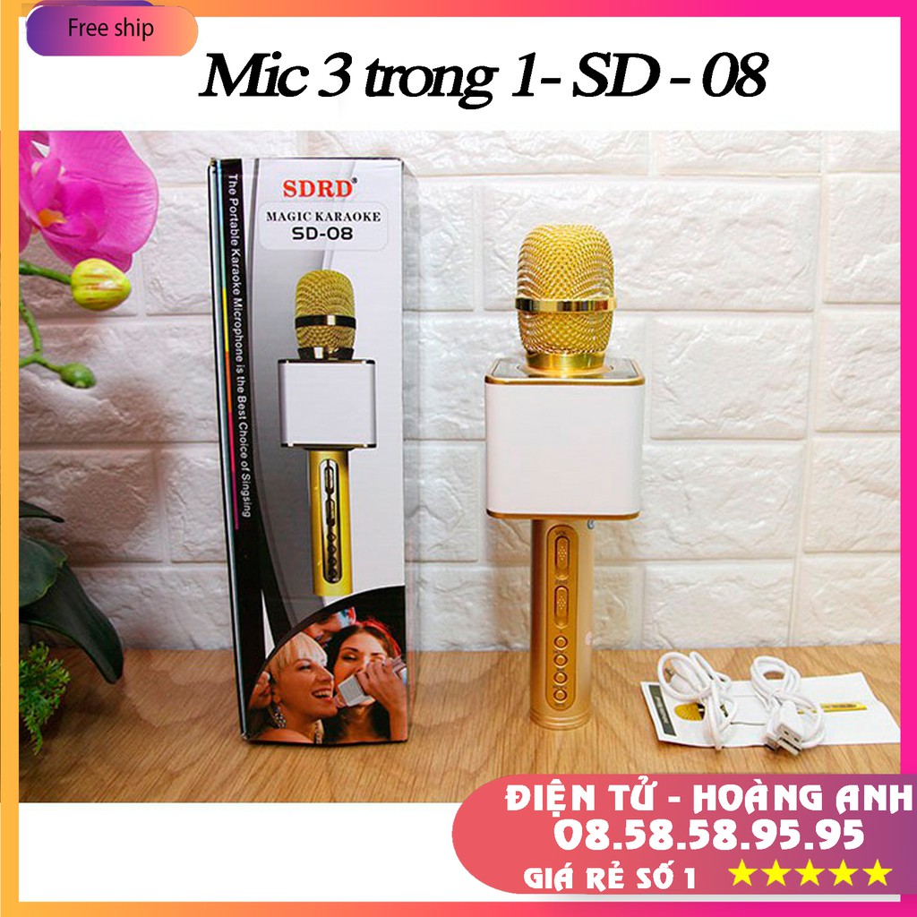 Mic hát karaoke bluetooth SD08 (Mic SD08-Sd10-SD17-SD18-YS90-YS91-YS92-YS93-YS95-L698)  3 in 1 loa to Mic Bass cực chuẩn