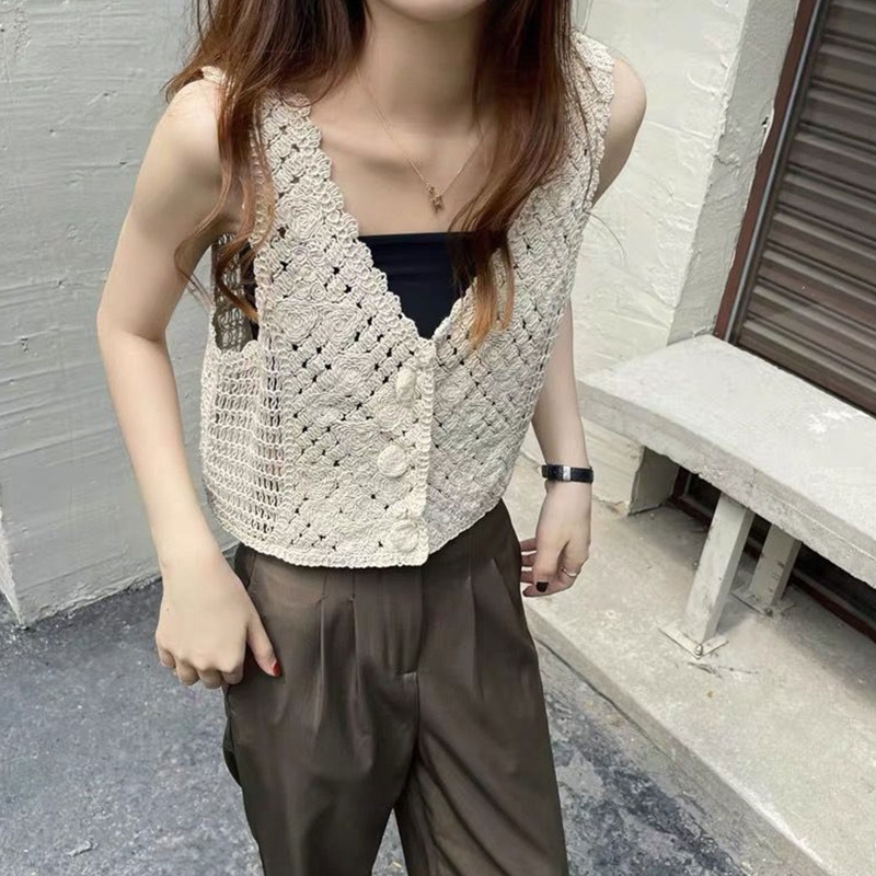 Áo Lửng Dệt Kim Dáng Ngắn Cài Nút Họa Tiết Hình Học Khoét Lỗ Trọng Lượng Nhẹ Cho Nữ