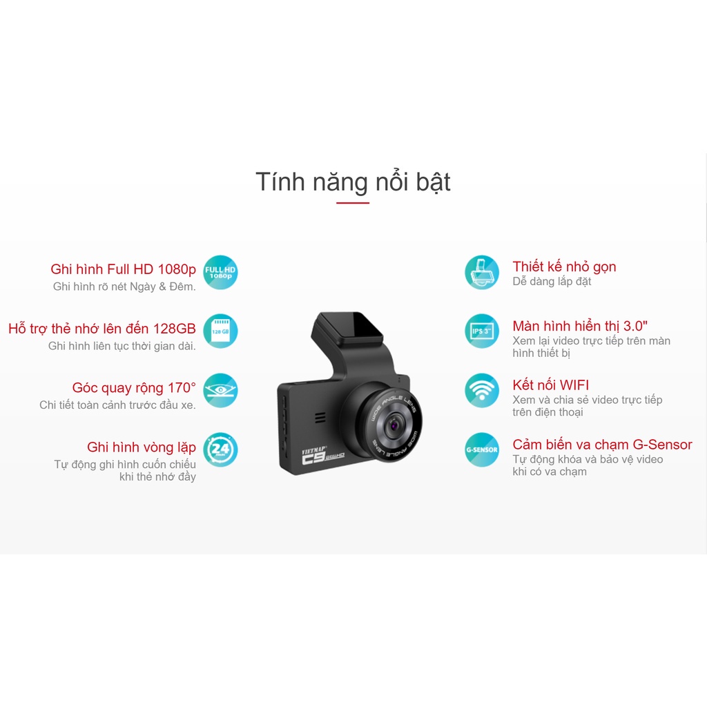 Camera hành trình Vietmap C9 - 1080P Full HD góc rộng 170° - Hàng chính hãng bảo hành 12 tháng