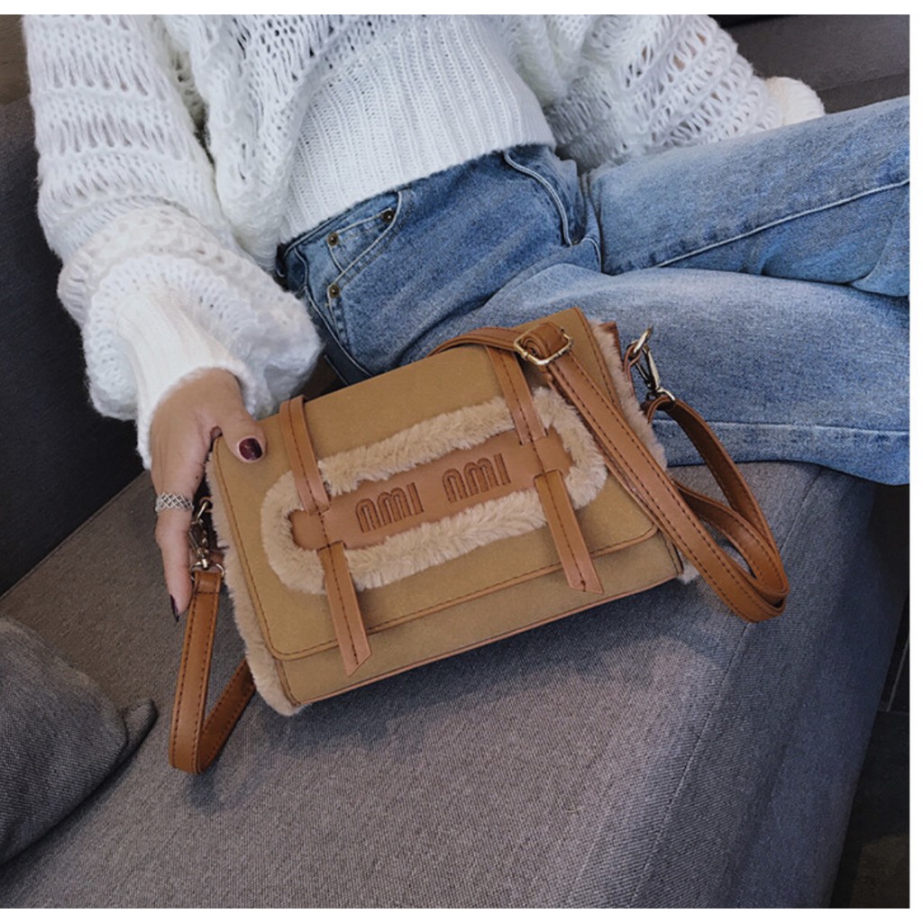 TÚI XÁCH NỮ , túi da lộn, túi da nữ, túi đeo vai, túi đeo chéo VIỀN LÔNG DA TỔNG HỢP | BigBuy360 - bigbuy360.vn