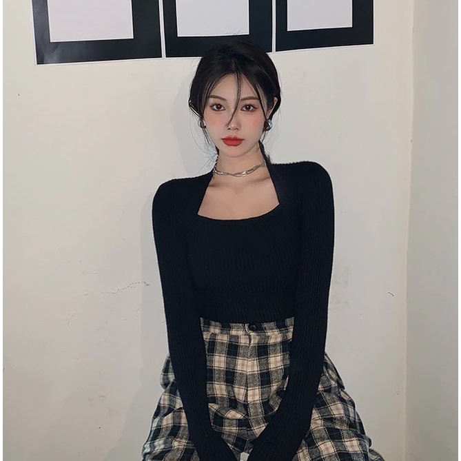 QKOOLE  Áo dệt kim cổ vuông tay dài thời trang retro Hàn Quốc dành cho nữ