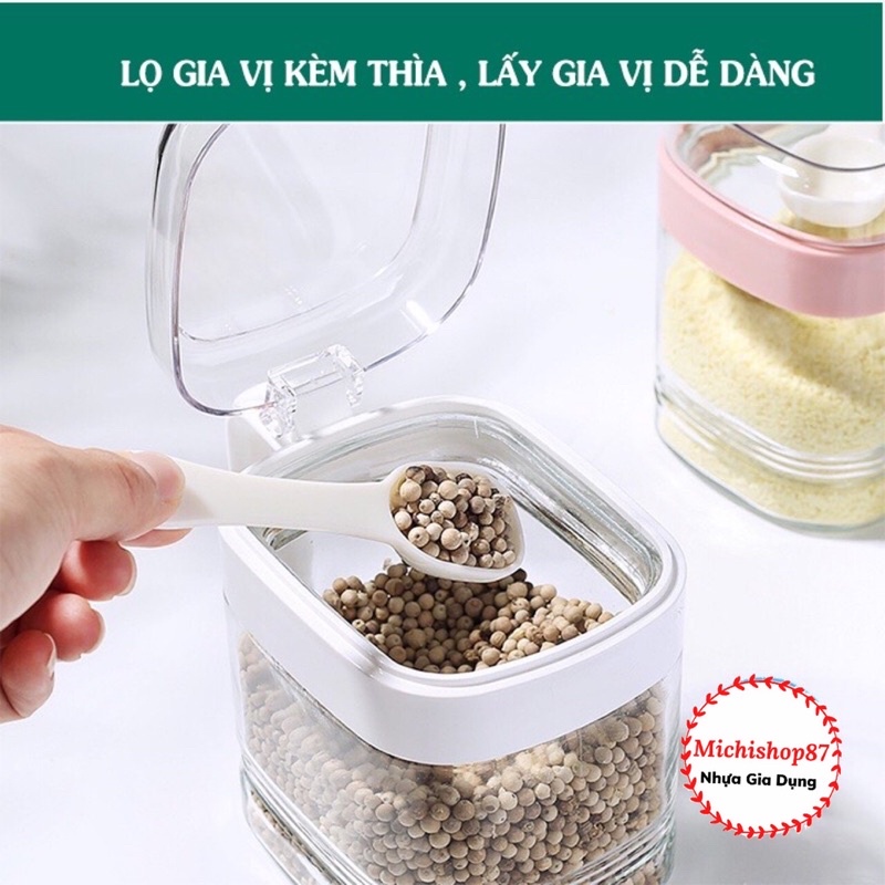 Lọ Đựng Gia Vị Có Nắp Đậy Kèm Thìa Hokori Nhựa, Thủy Tinh Cao Cấp, Hũ Đựng Gia Vị Có Nắp Đậy Cỡ Lớn