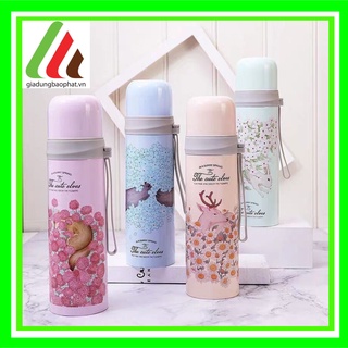 Bình giữ nhiệt the cute elves 500ml inox 2 lớp chân không cách nhiệt in hình dễ thương có dây xách tiện lợi - HÌNH NGẪU