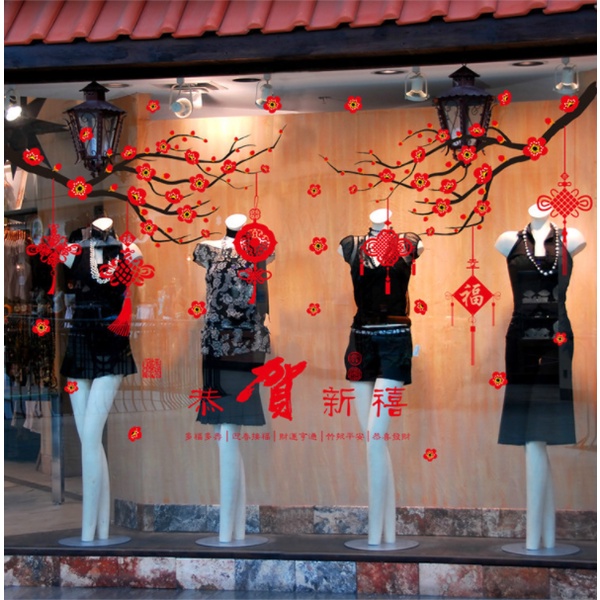 Decal trang trí Tết - 2 Cành đào treo nhiều phụ kiện xinh xắn