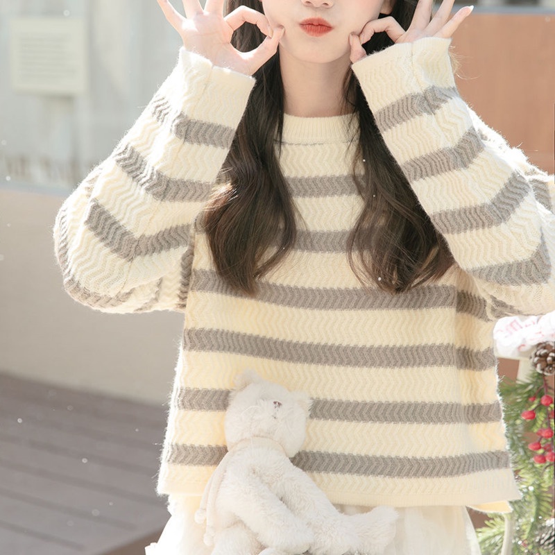 Áo Len Chui Đầu Dáng Rộng Họa Tiết Kẻ Sọc Thời Trang Mùa Thu Phong Cách Hàn Quốc Cho Nữ