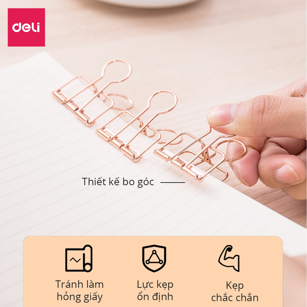 [LIFEMC02BPABAU -10% đơn 250K] Kẹp bướm kim loại văn phòng Deli - Set 6/8 chiếc - Màu vàng hồng - 9414/9415