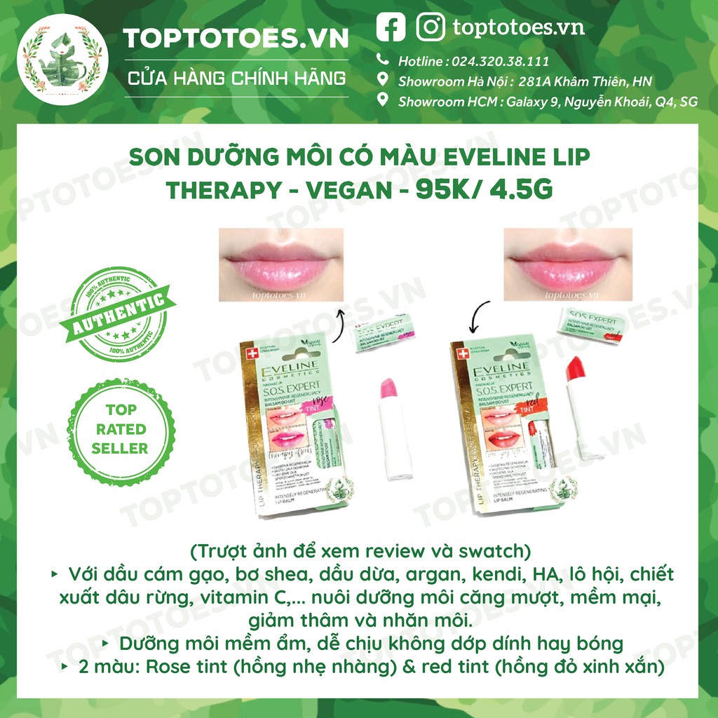 Son dưỡng môi có màu Eveline Lip Therapy - Vegan dưỡng môi căng mượt, mềm mại, giảm thâm và nhăn môi