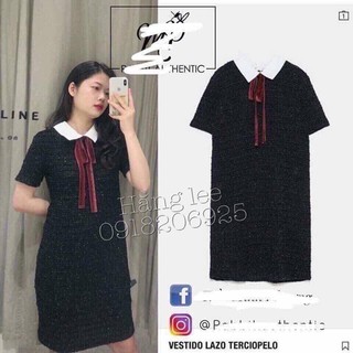 Váy phối cổ sơ mi nơ đỏ