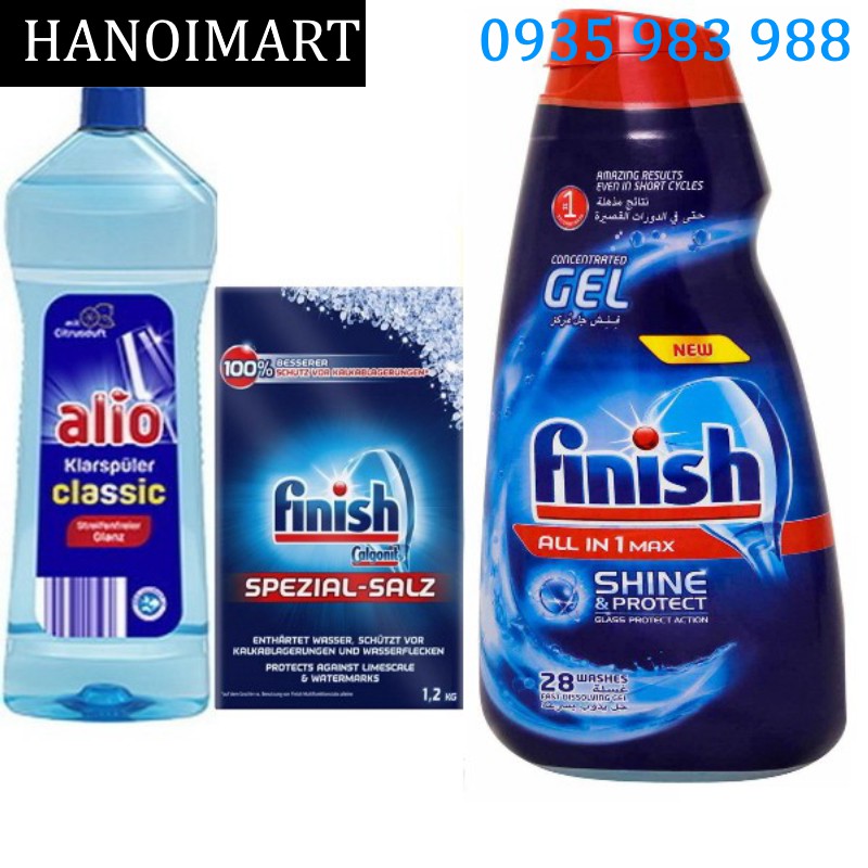 Combo Nước rửa chén Finish 650ml + muối rửa bát finish 1.2kg + Nước làm bóng alio 1 lít dùng cho máy rửa bát