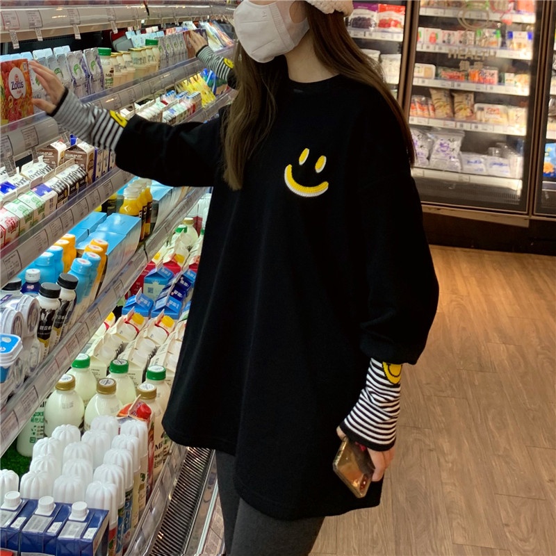 ZHELIHANGFEI Áo Thun Sweater Cổ Tròn Tay Dài In Hình Mặt Cười Dễ Phối Đồ