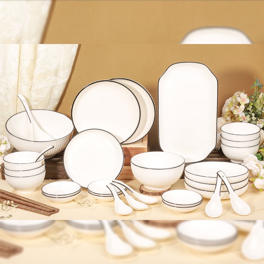 Bộ Bát Đĩa Gốm Sứ Cao Cấp Sứ Trắng Bo Viền - Mẫu 2