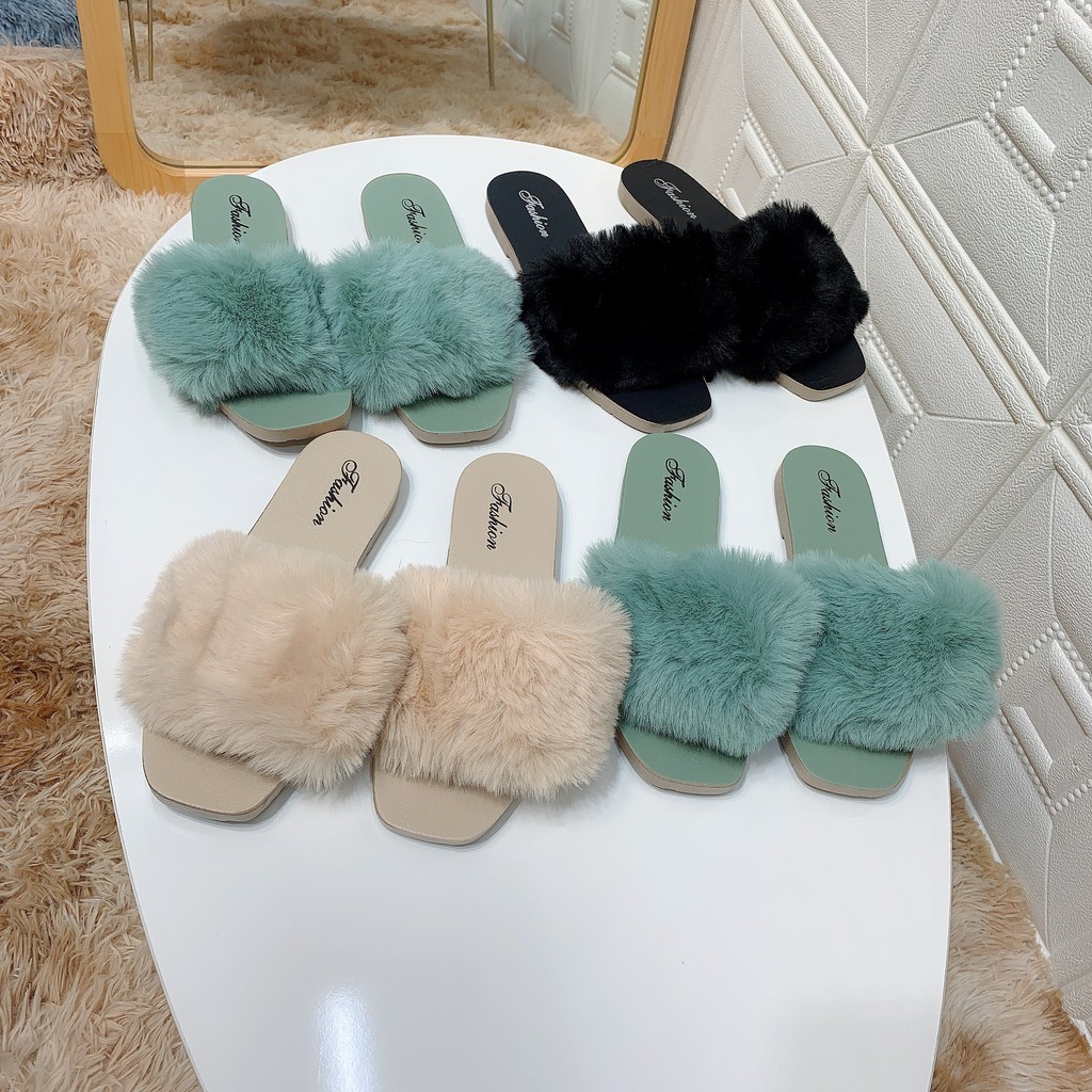 Dép lông mềm mịn êm chân đế đồng màu in logo Fashion 2N01