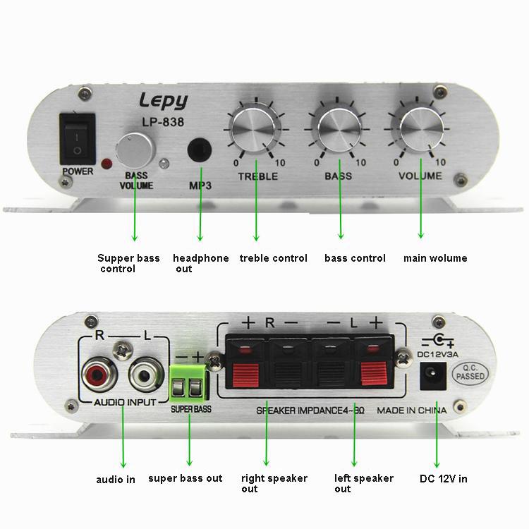 Ampli Mini Công Suất Lepy LP-838 12V Hi-Fi 2.1