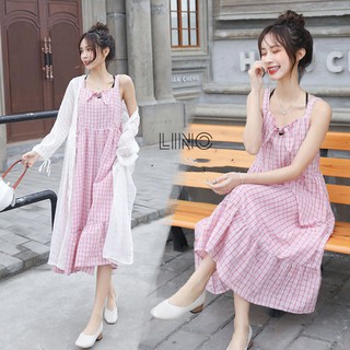 Váy bầu caro 2 dây kèm thắt nơ ngực