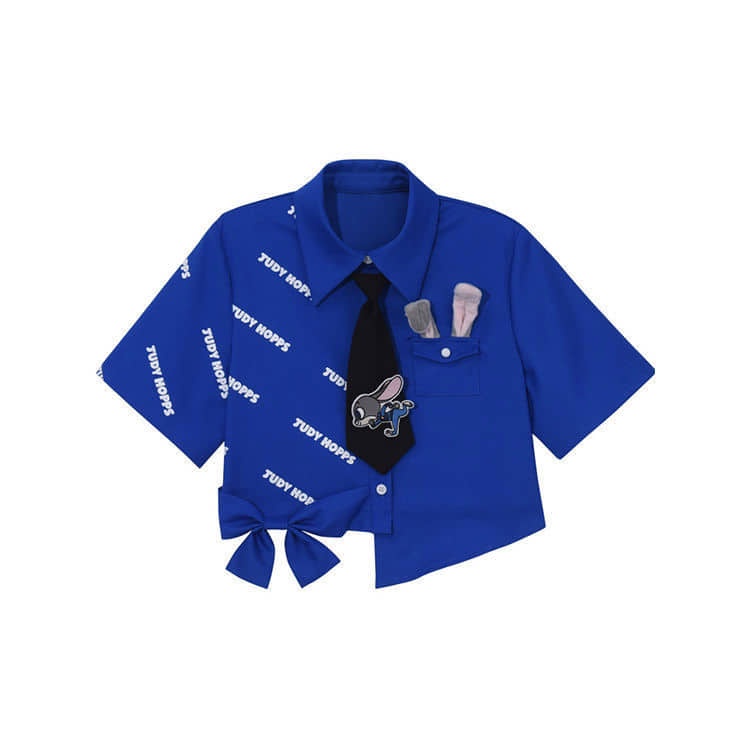 Set áo sơ mi xanh croptop vạt lệch phối nửa màu tai thỏ xinh + chân váy chữ A dài thắt nơ tone xanh