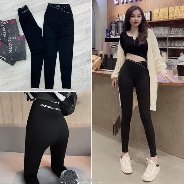 Quần legging nữ cạp cao viền sọc kẻ trắng vạt chéo gen bụng nâng mông dáng quần tregging dài ôm thun gân vải co giãn Umi