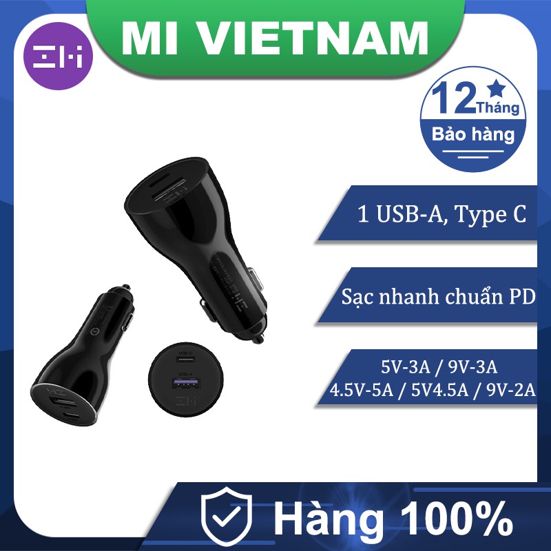 Củ Sạc Nhanh Ô Tô ZMI AP721 2 Cổng Type C và USB A Sạc Nhanh 45W  Bảo Hành 12 Tháng