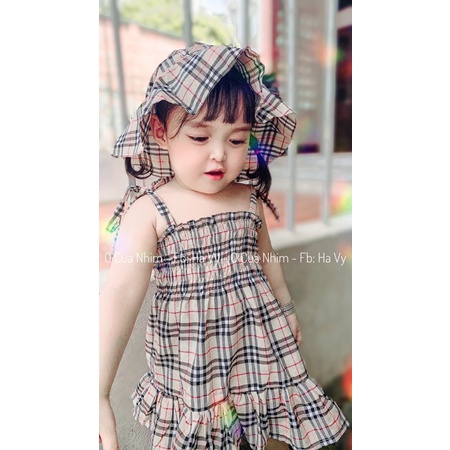 [ Ảnh thật ] Set váy thô kẻ nhún bèo kèm nón siêu xinh cho bé 🥰