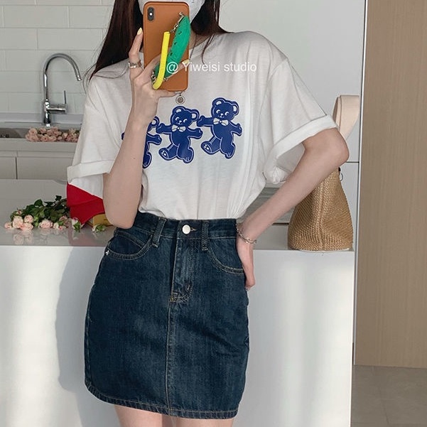 [MURIOKI] Chân váy jean Ngắn Lưng Cao Dáng Chữ A Màu Xanh Dương Đậm Phong Cách Hàn Quốc Thời Trang Cho Nữ