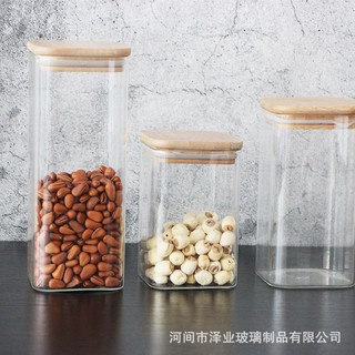 Hũ Lọ Thủy Tinh Vuông Nắp Gỗ Tre [free ship] Kín Hơi Đựng Thực Phẩm, Gia Vị Tiện Dụng