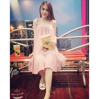 Đầm Maxi Biển Đuôi Cá 2 Dây Hồng