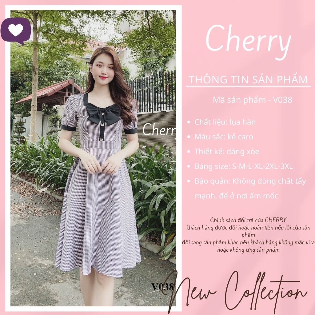 Đầm công sở kẻ caro nhỏ thắt nơ, váy vintage dáng xòe xinh đẹp, ngắn tay xinh xắn phù hợp đi làm dự tiệc  Cherry - V038