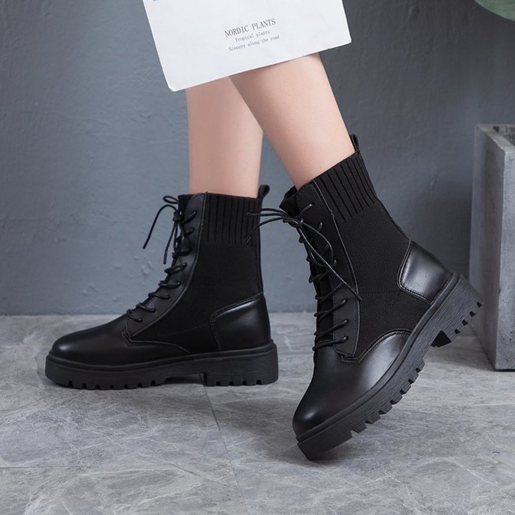 Giày Bốt Martin Nữ Ulzzang, Giày Da Oxford Độn Đế Cổ Lửng Basic Vải Len Co Dãn Vintage, Hàn Quốc - Iclassy_shoes