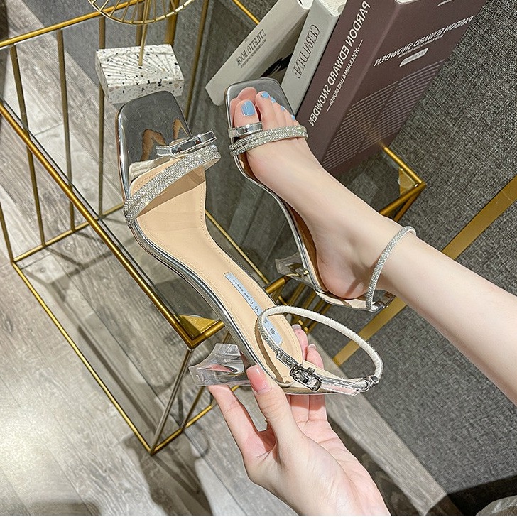 Giày nữ, sandal cao gót nữ XKS35 mũi vuông, xăng đan nữ gót trong phối quai dây mảnh đính đá cao 9cm