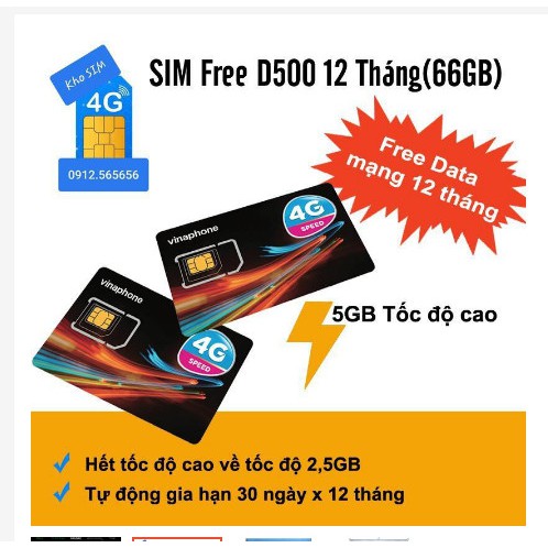 SIM 4G Vinaphone D500 Vina12T Tặng 5.5GB/Tháng X 12 tháng Trọn Gói 1 Năm