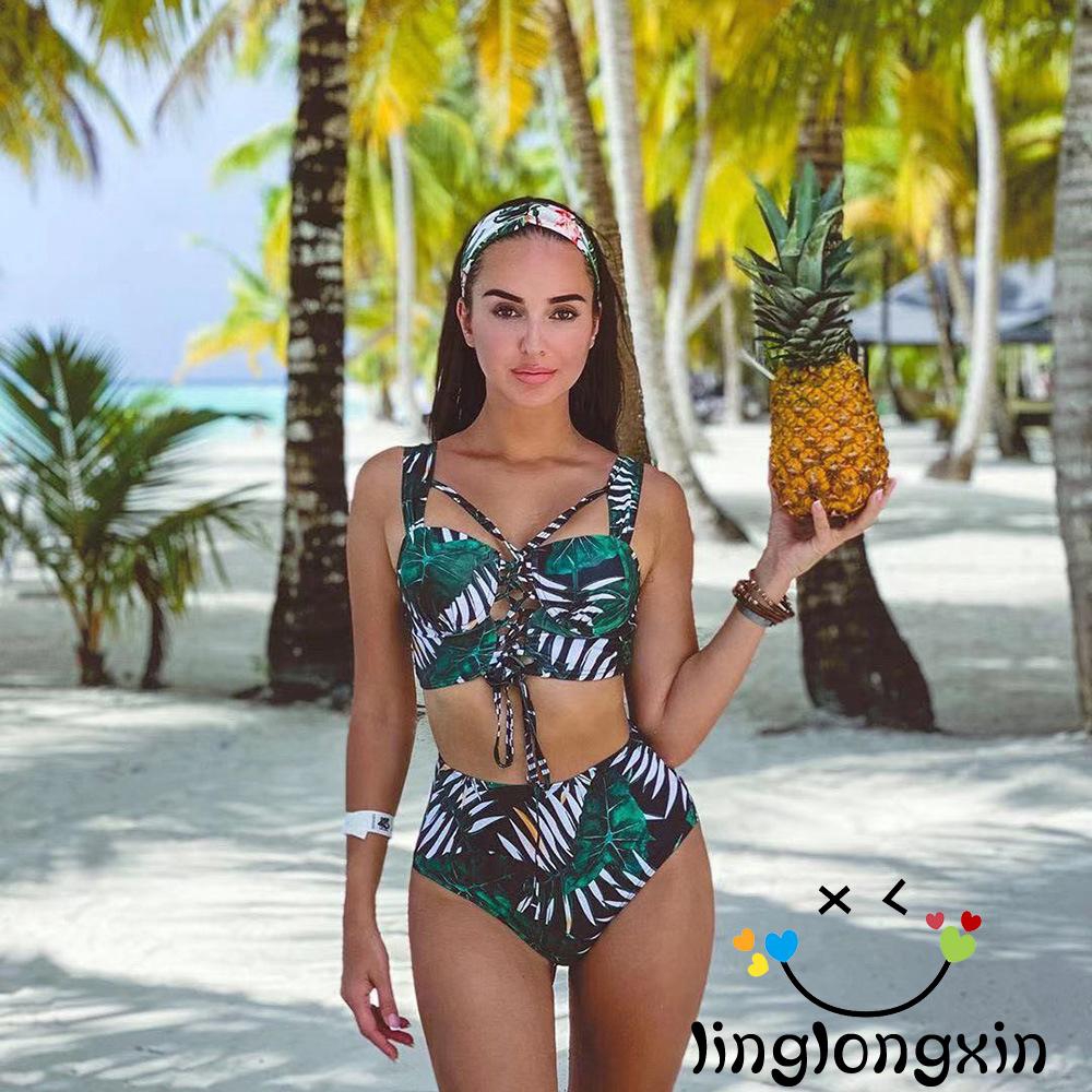 ◕‿◕Women Leaf Print Two-piece Bathing Suit Sexy Lace-up Top High Waist Thong Summer Clothes | BigBuy360 - bigbuy360.vn