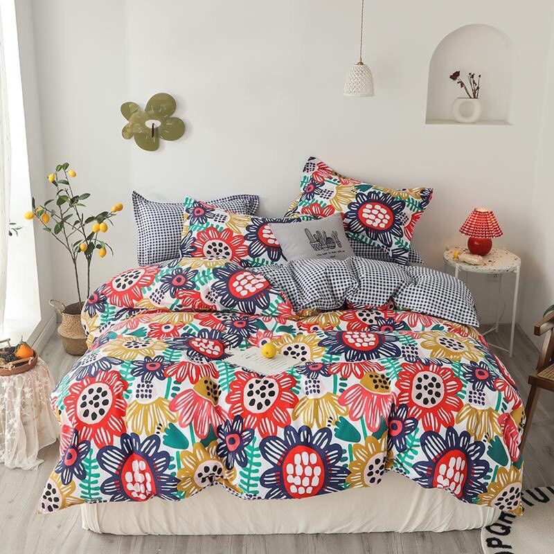 Bộ chăn ga gối drap giường chất cotton poly họa tiết hình vẽ hướng dương nhiều màu