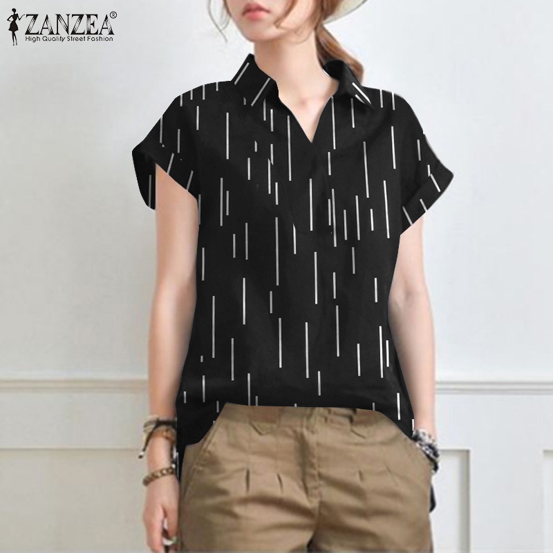 Áo sơ mi ZANZEA tay ngắn cổ bẻ in họa tiết kẻ sọc thời trang cho nữ