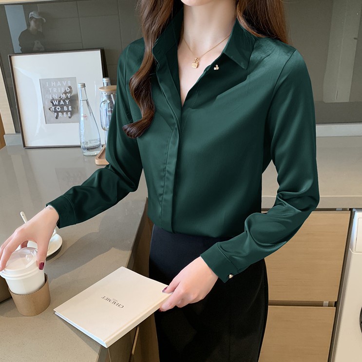Áo Sơ Mi Nữ Công Sở Màu Xanh Lá Cổ Đức CHIPY Kiểu Hàn Quốc Vintage Ulzzang Form Rộng Dài Tay Đẹp Chất Lụa Cao Cấp A2X | BigBuy360 - bigbuy360.vn