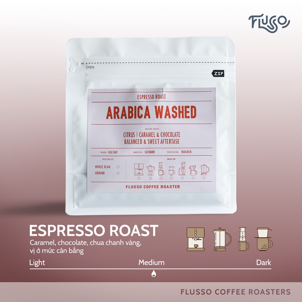 Cà Phê Espresso Flusso Arabica Washed - Cà Phê Hạt Rang Xay Nguyên Chất Pha Máy Espresso