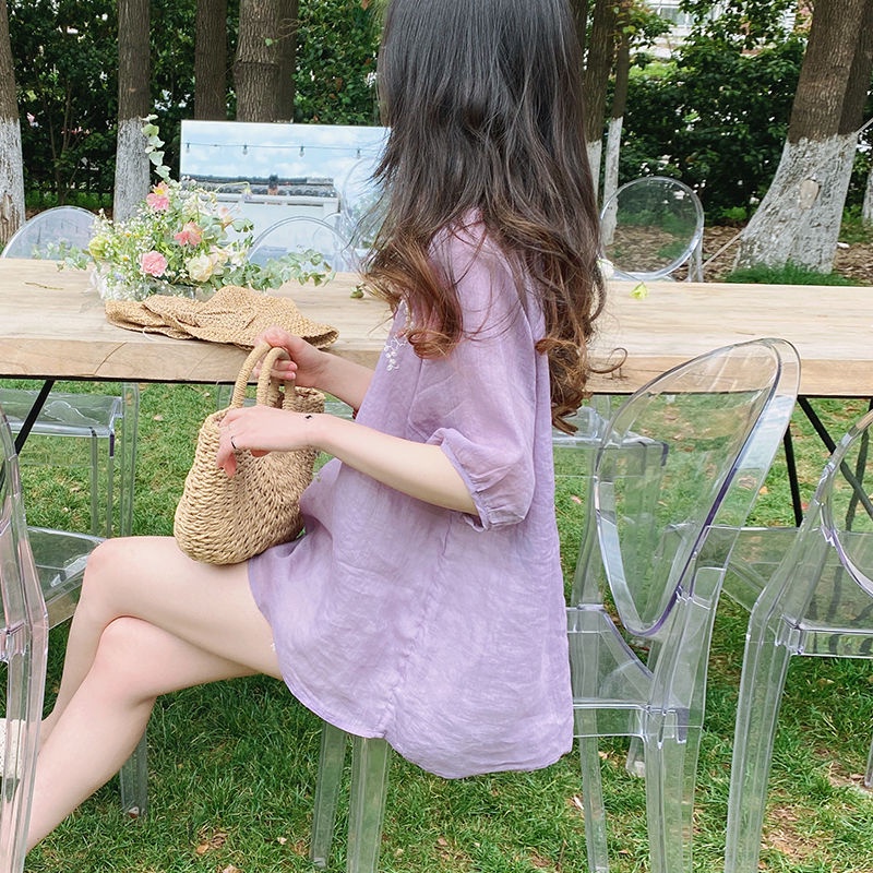 Áo Sơ Mi Dáng Rộng Cổ Tròn Thêu Họa Tiết Thời Trang Mùa Hè Hàn Quốc Mới Cho Nữ