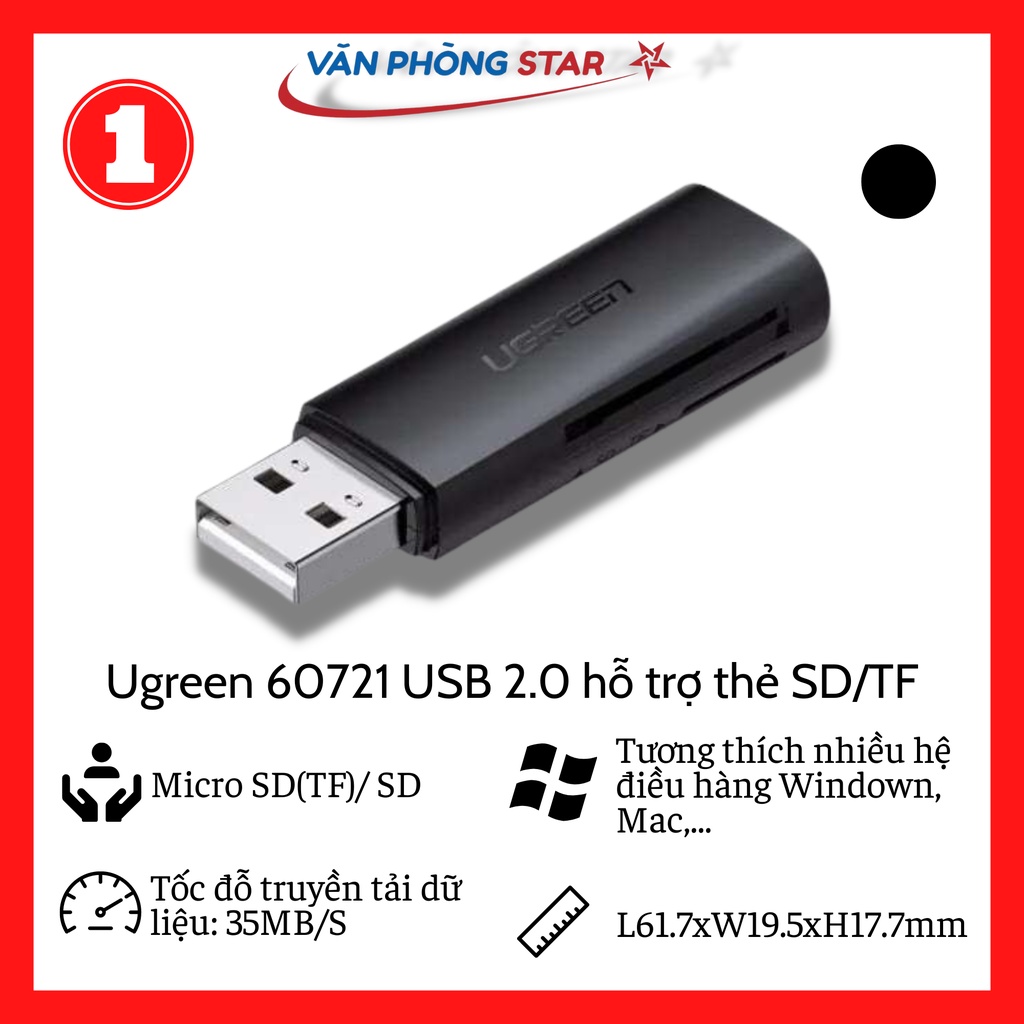 Ugreen 60721 Màu Đen Đầu đọc thẻ card reader USB 2.0 hỗ trợ thẻ SD/TF CM264 20060721