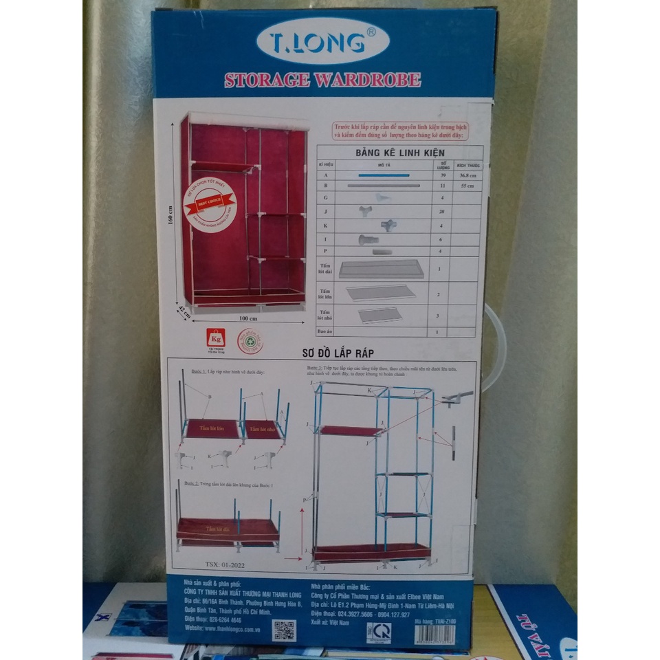 Tủ Vải THANH LONG Z100 | Kích thước 100 x 42 x 160 (cm) | Lớp vỏ áo bằng vải không dệt bền đẹp - Khung sắt chịu lực tốt