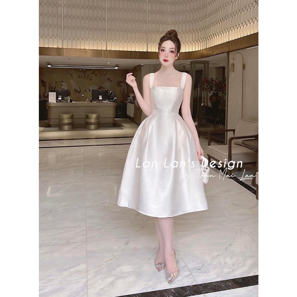 [8.8 Sales Freeship] Đầm trắng đi tiệc, đầm trắng 2 dây cup ngực chất tapda dáng xòe phồng, đính nơ eo quyến rũ